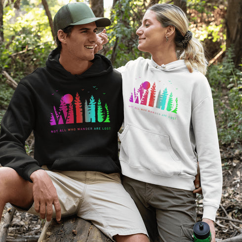 This Camping hoodie features a stunning colorful gradient forest graphic that captures the essence of the great outdoors. With the inspiring saying "WILD-Not All Who Wander Are Lost" boldly printed, it serves as a reminder to embrace your wild spirit and wanderlust.